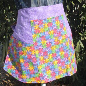 Puzzle Print Adult Half Apron Purple Gold Handmade Reversible Large Pockets
